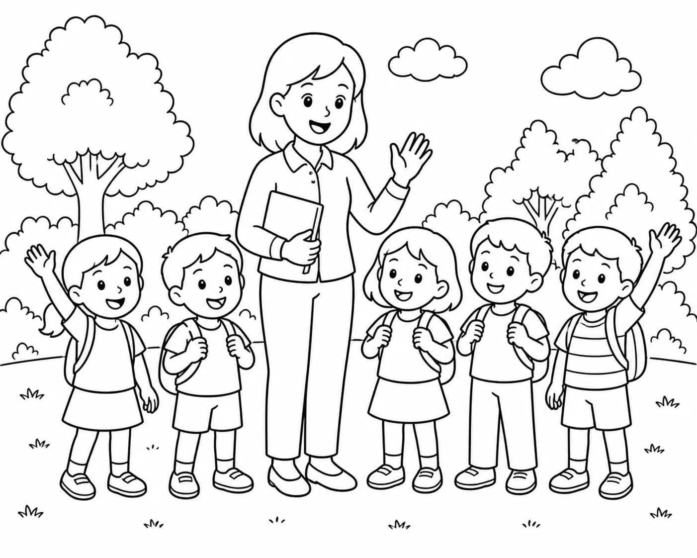 Photo de fin de maternelle avec les copains, transformée en coloriage