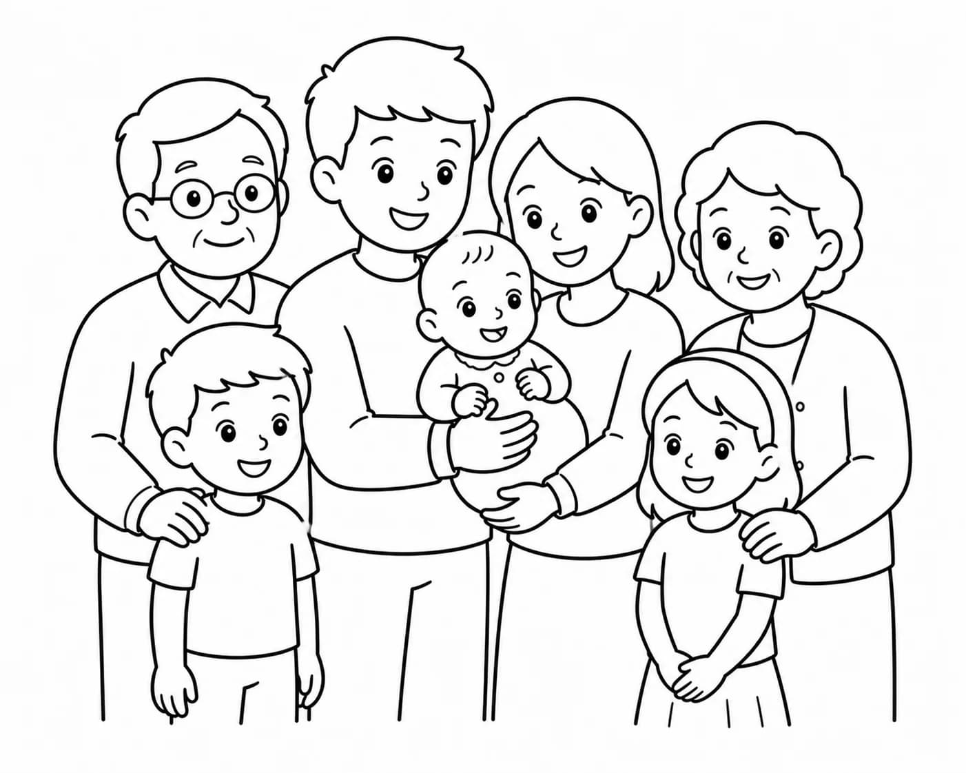 Bébé entouré de sa famille proche, en illustration au trait