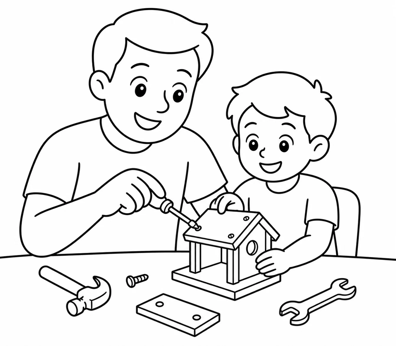 Scène de bricolage père-enfant transformée en coloriage