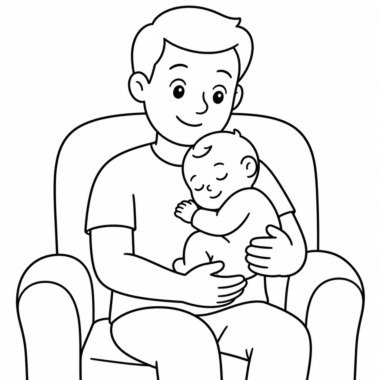 Bébé endormi sur le torse de son papa, illustré au trait