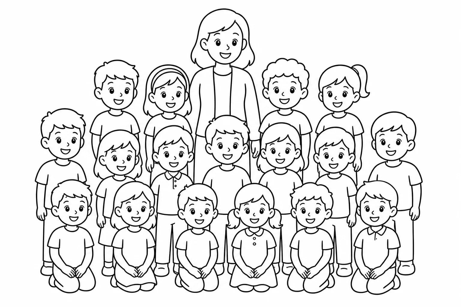 Photo de classe transformée en page de coloriage avec tous les élèves