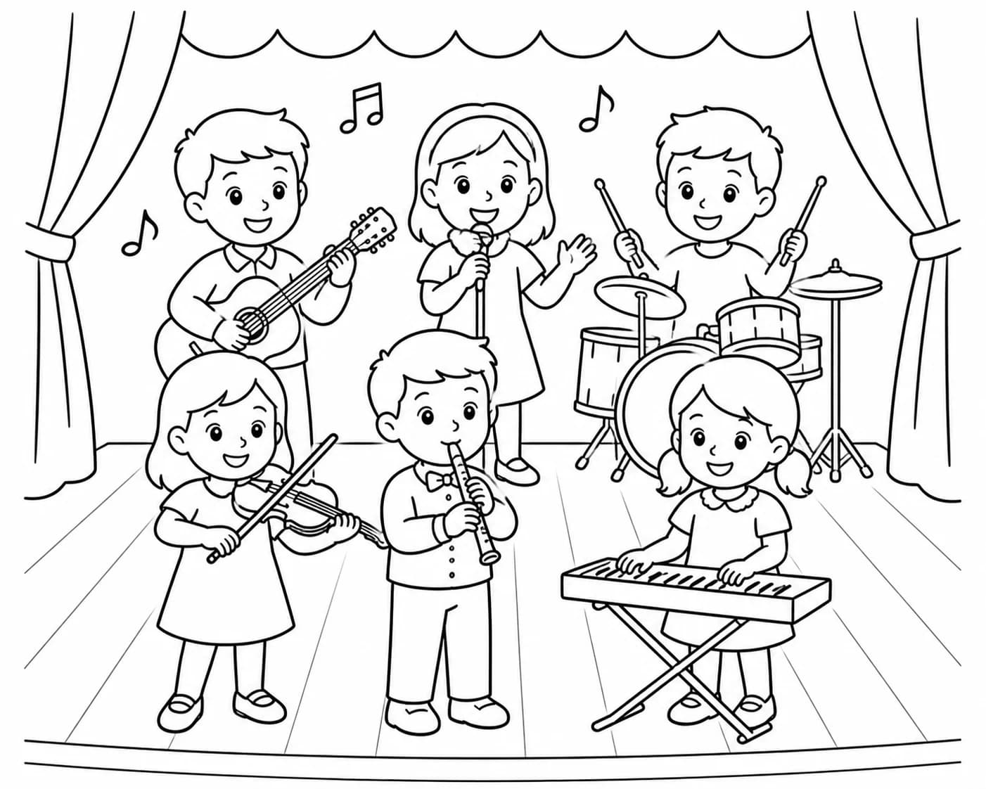 Sortie scolaire ou spectacle de fin d'année en illustration au trait