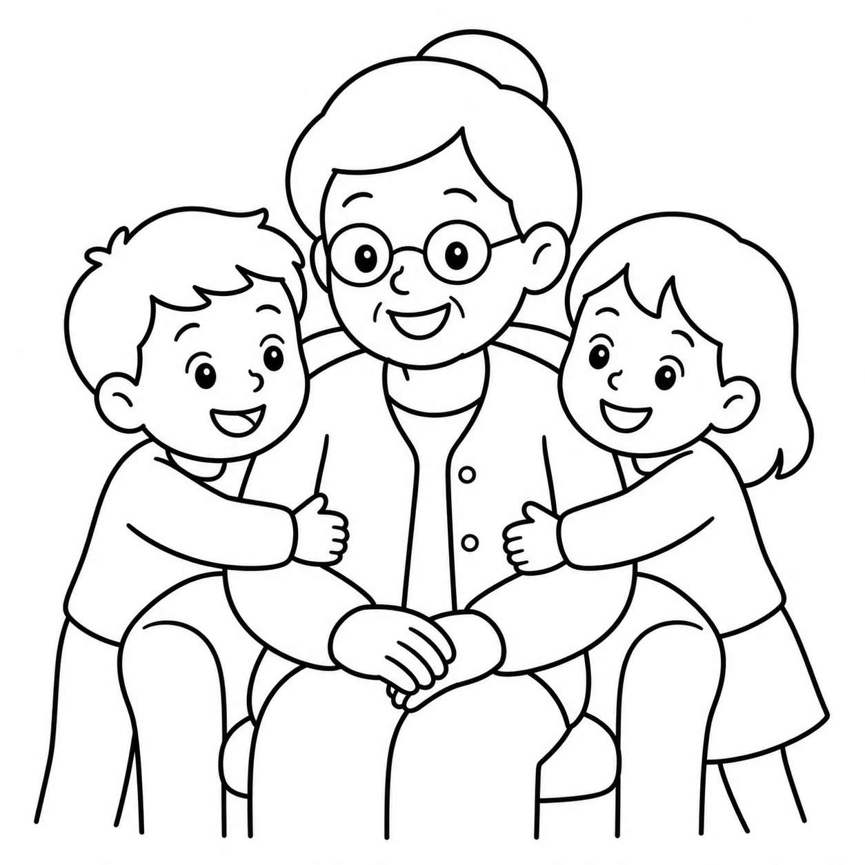 Grand-mère avec ses petits-enfants en illustration au trait