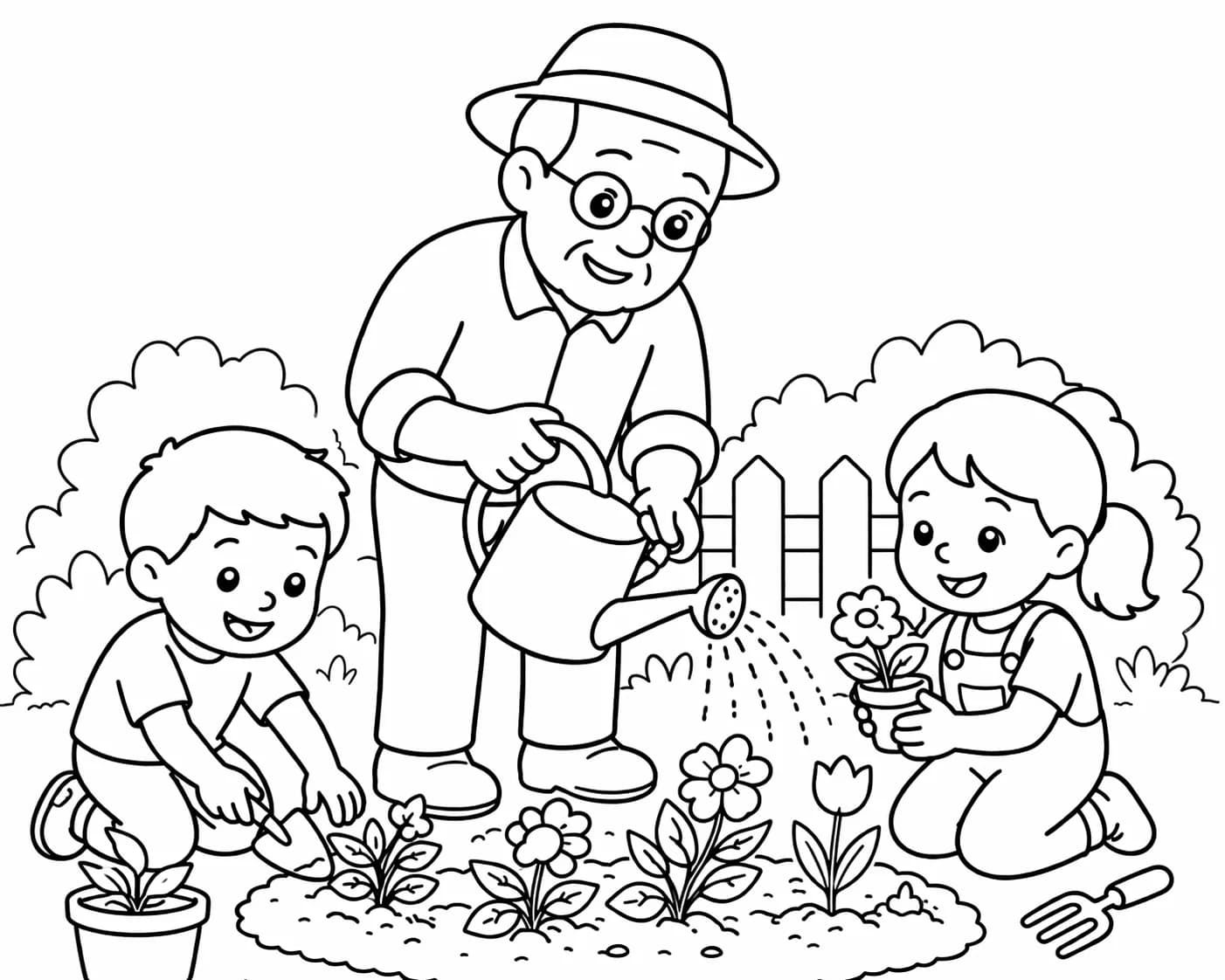 Papy au jardin avec ses petits-enfants, en coloriage
