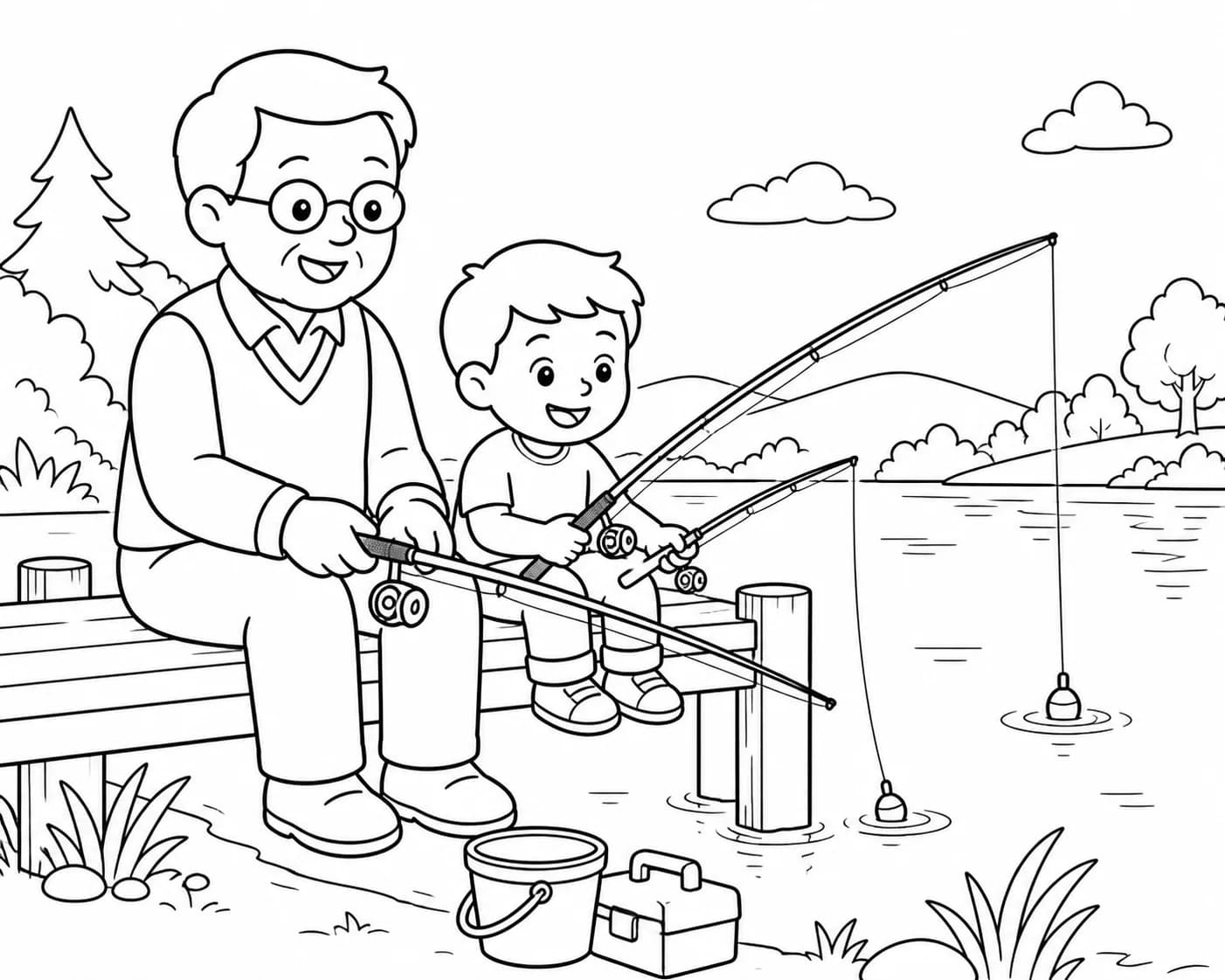 Photo de pêche entre grand-père et petit-fils transformée en illustration