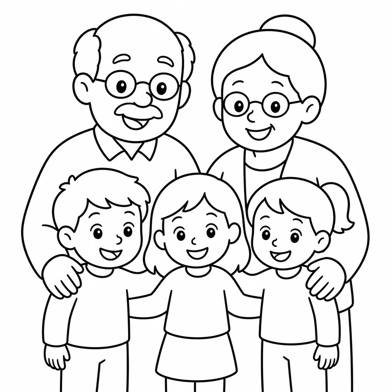 Petits-enfants avec leurs grands-parents en illustration noir et blanc