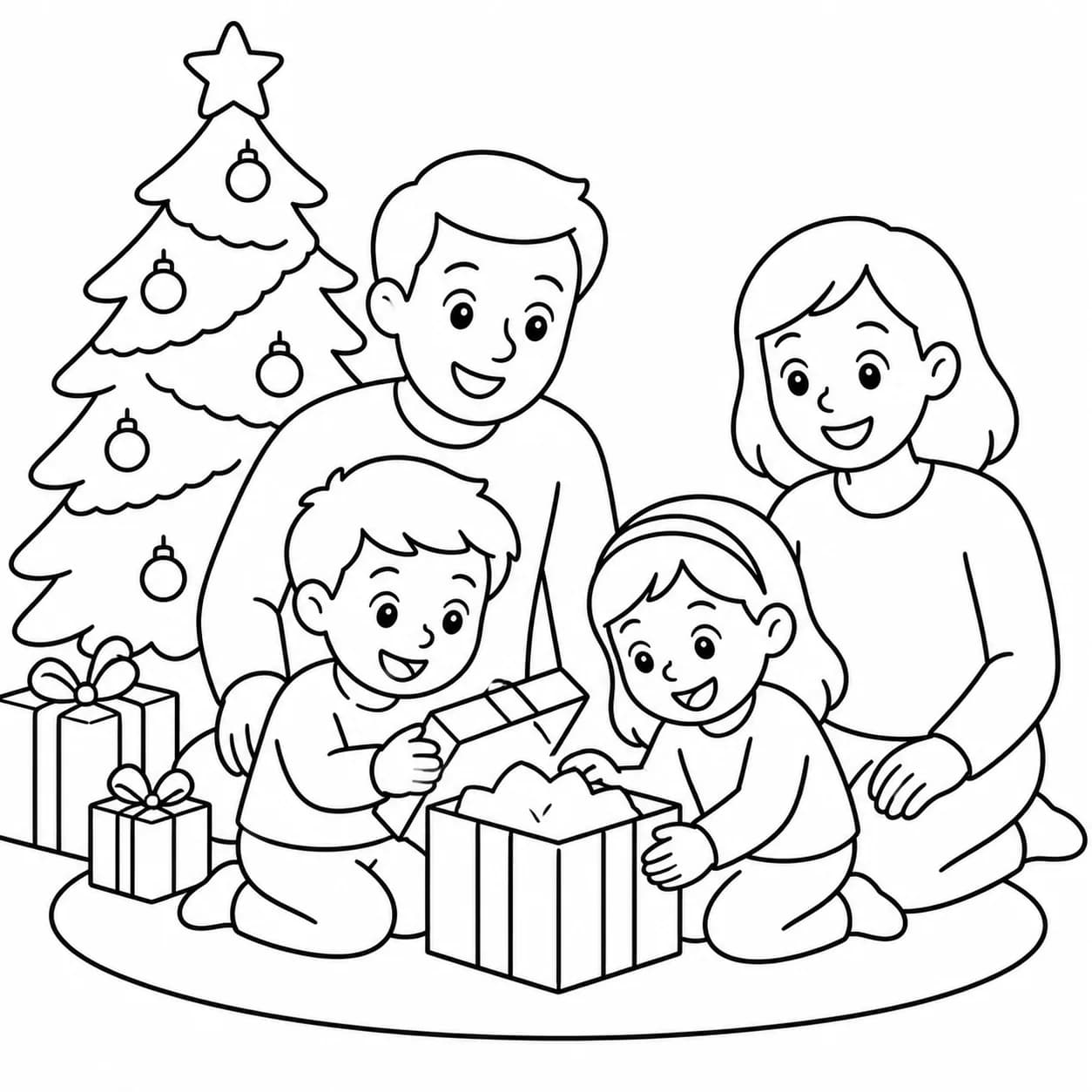Sapin de Noël entouré de la famille en illustration au trait