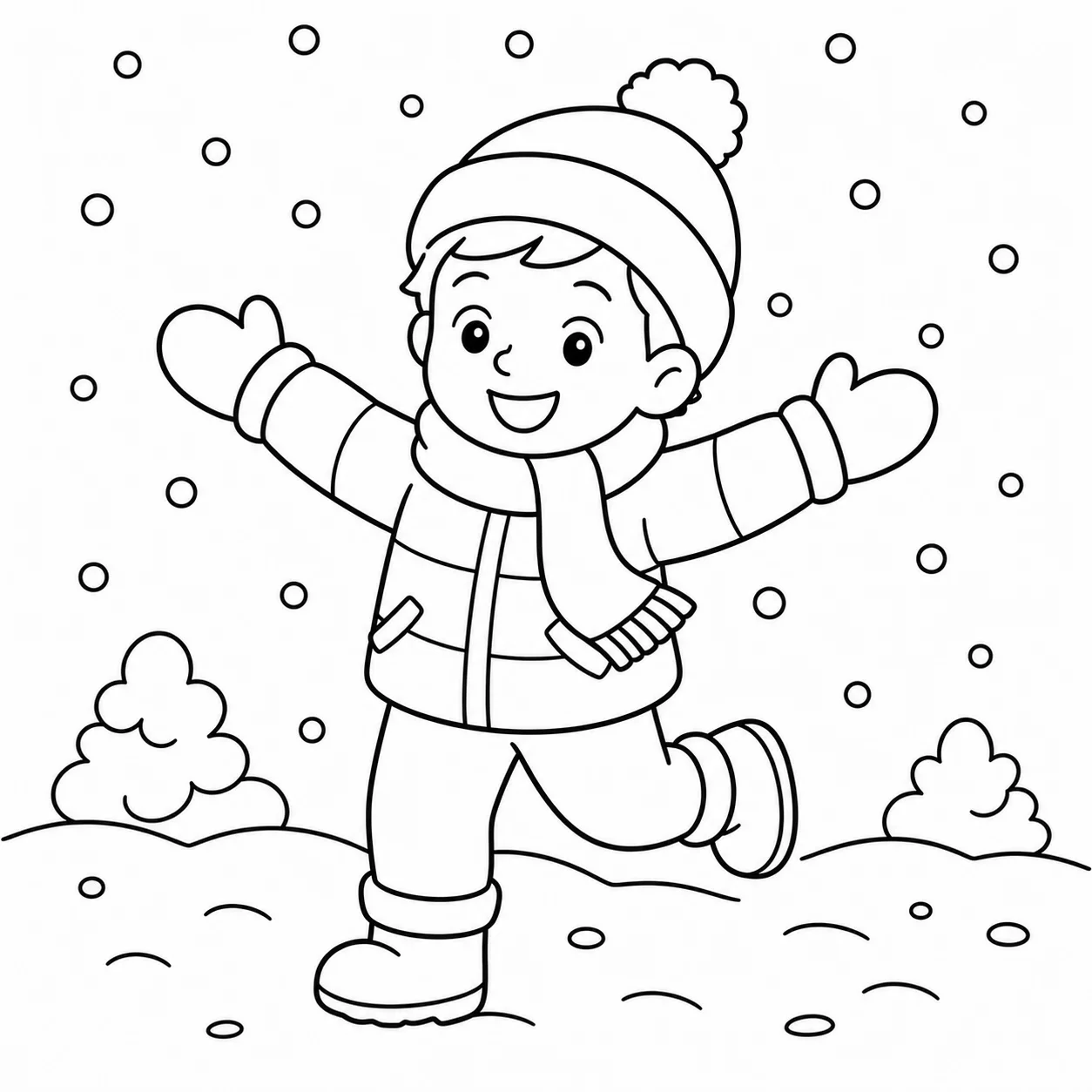 Photo d'hiver d'un enfant emmitouflé devenue page de coloriage