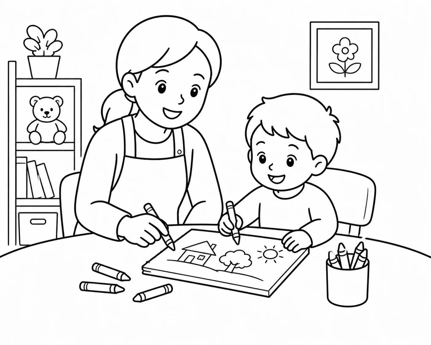 Enfant et nounou lors d'une activité, en illustration au trait
