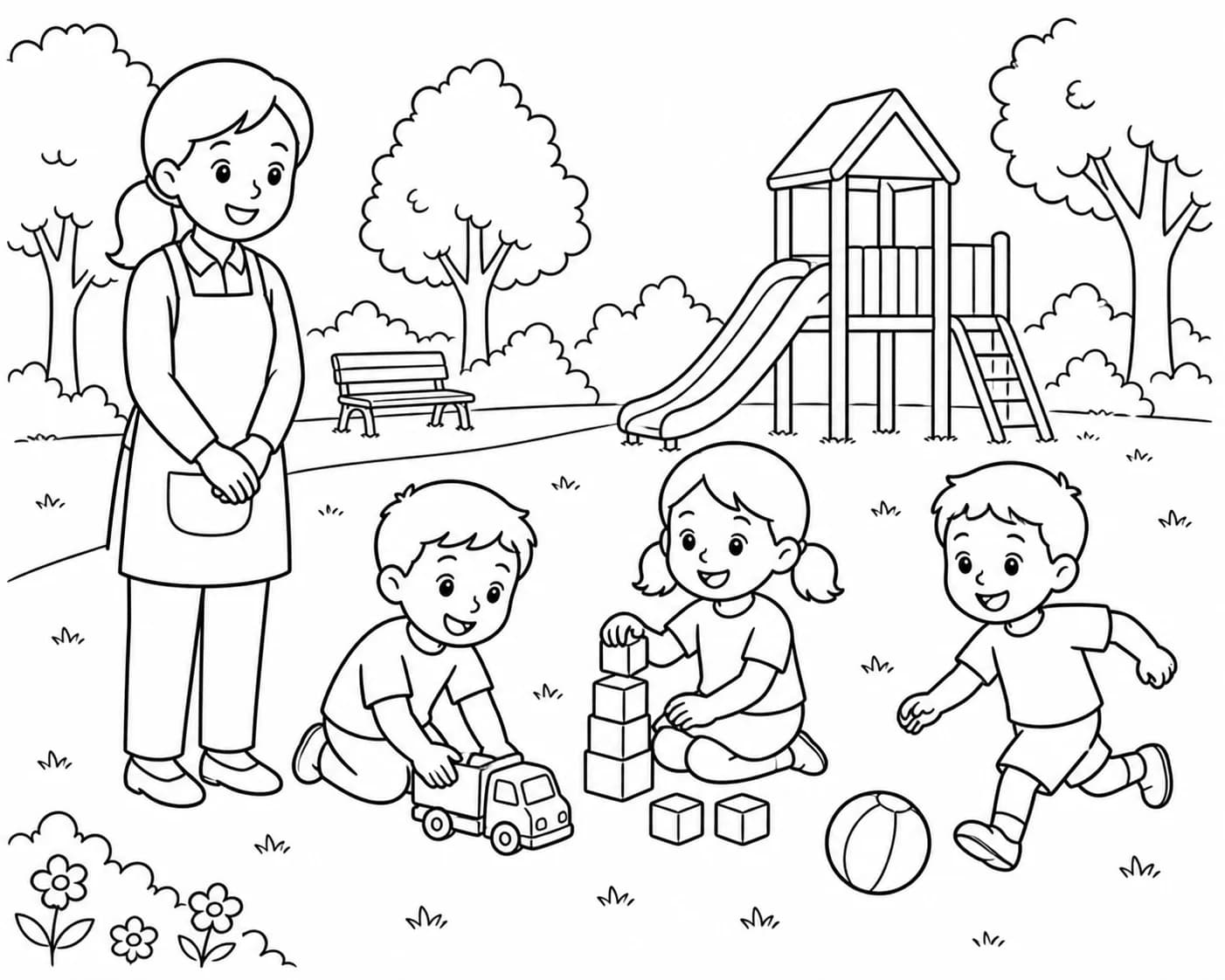 Sortie au parc avec les copains de garde, en coloriage