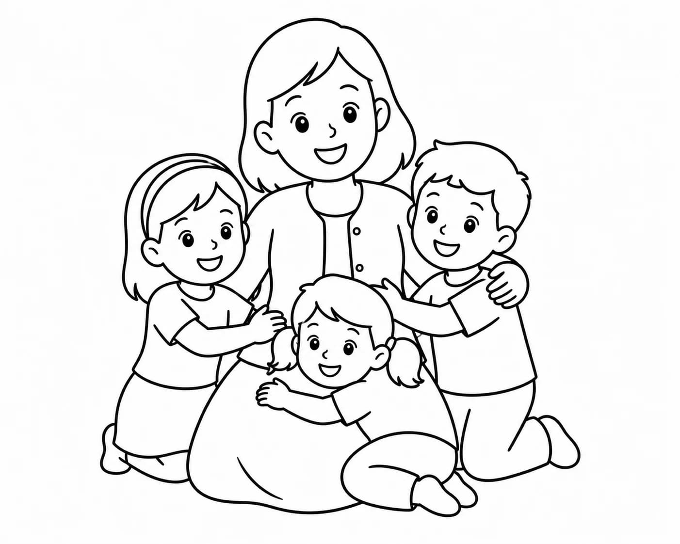 Tata avec ses neveux et nièces, transformée en page de coloriage